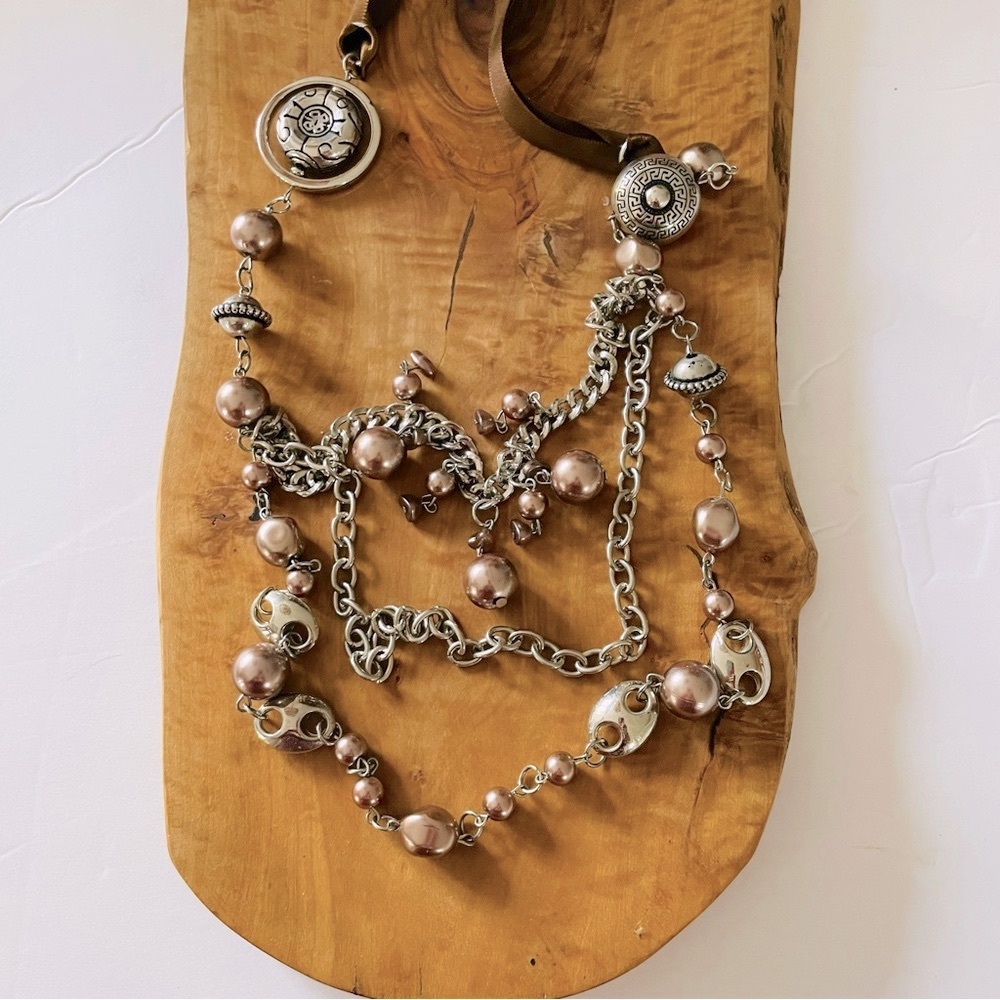 Silky brown ribbon Pearly beads and funky silver pieces silver necklace NWOT